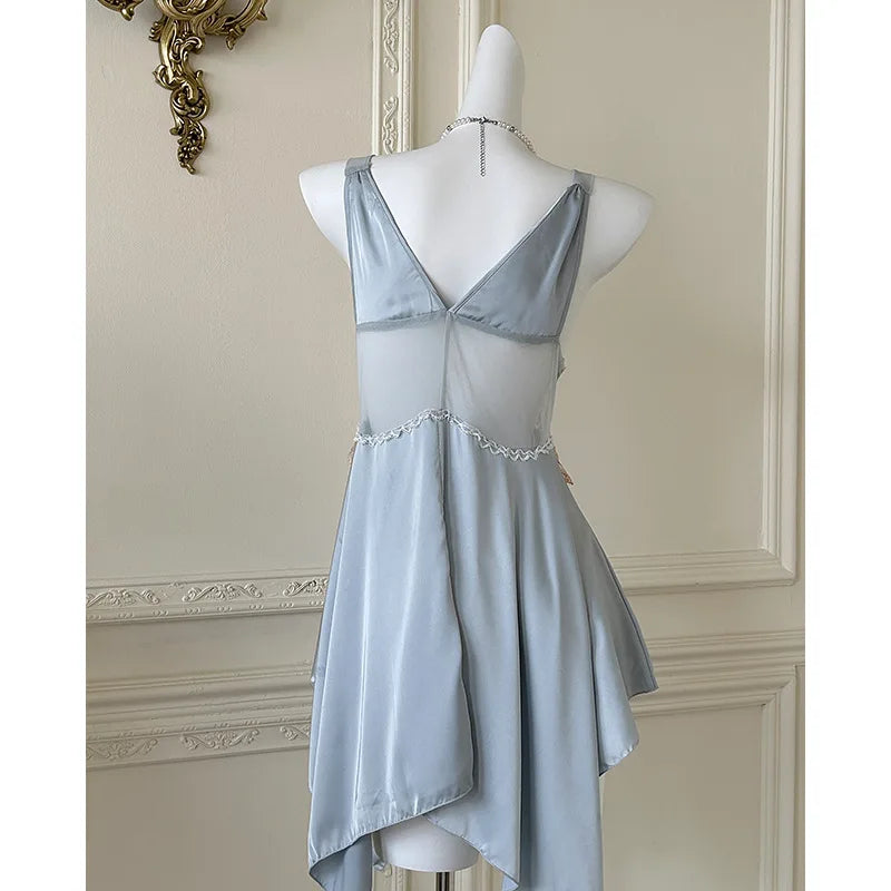 Sexy Women Lingerie Nightgown Chemise Sleepwear Patchwork Hollow Out Lace Nightdress Homeweae Summer Ice Silk Nightie Loungewear
