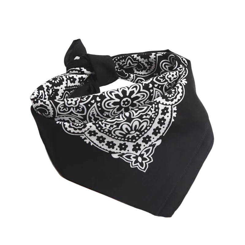 Black bandana with white paisley pattern on a white background