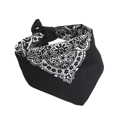Black bandana with white paisley pattern on a white background
