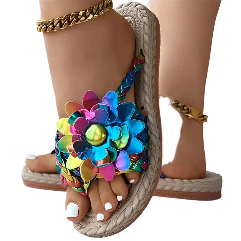 Braided floral pattern flip flops with toe post for beach resort wear

