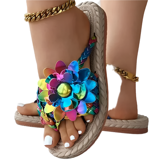 Braided floral pattern flip flops with toe post for beach resort wear

