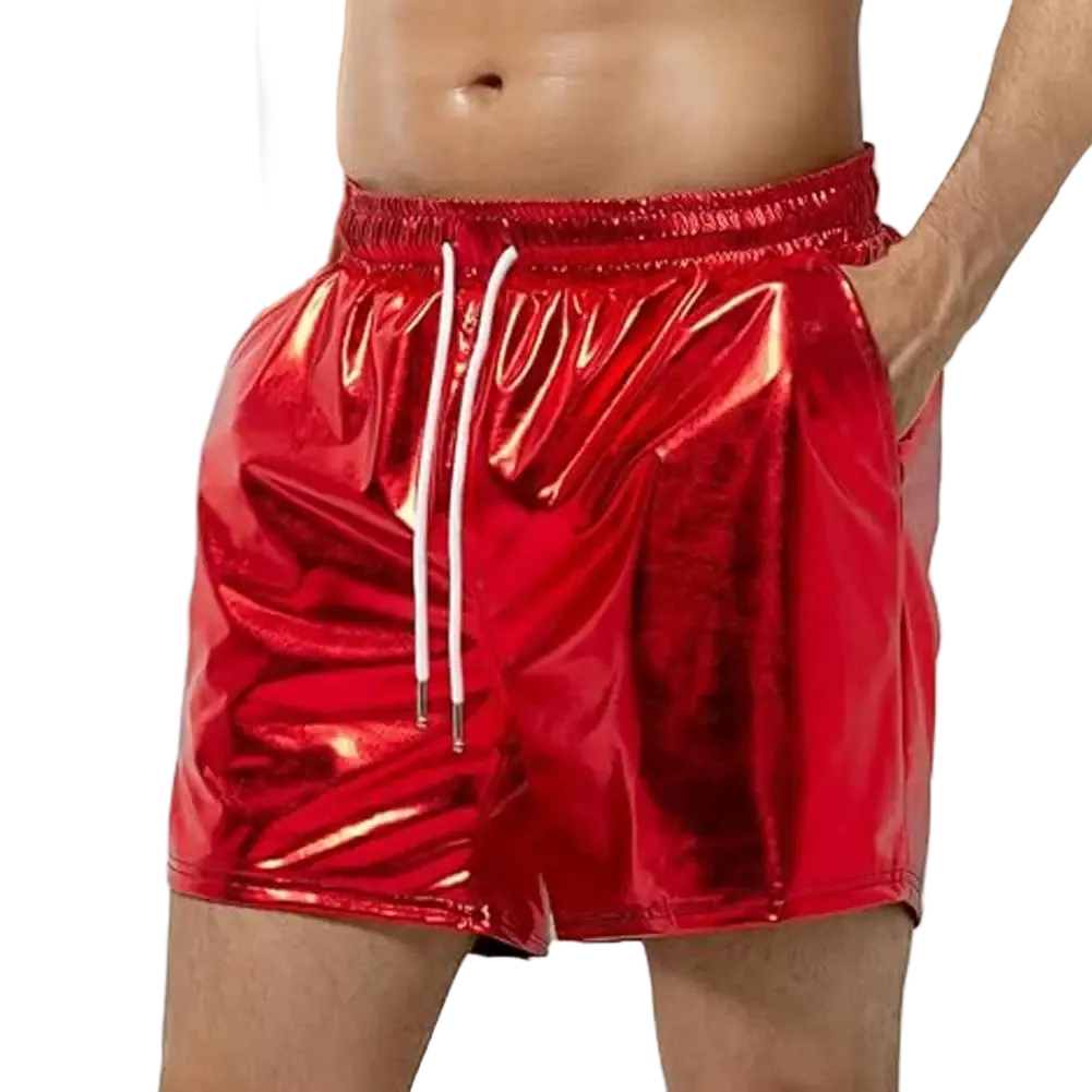 Red shiny vinyl swim trunks with a white drawstring, shown on a model against a white background.
