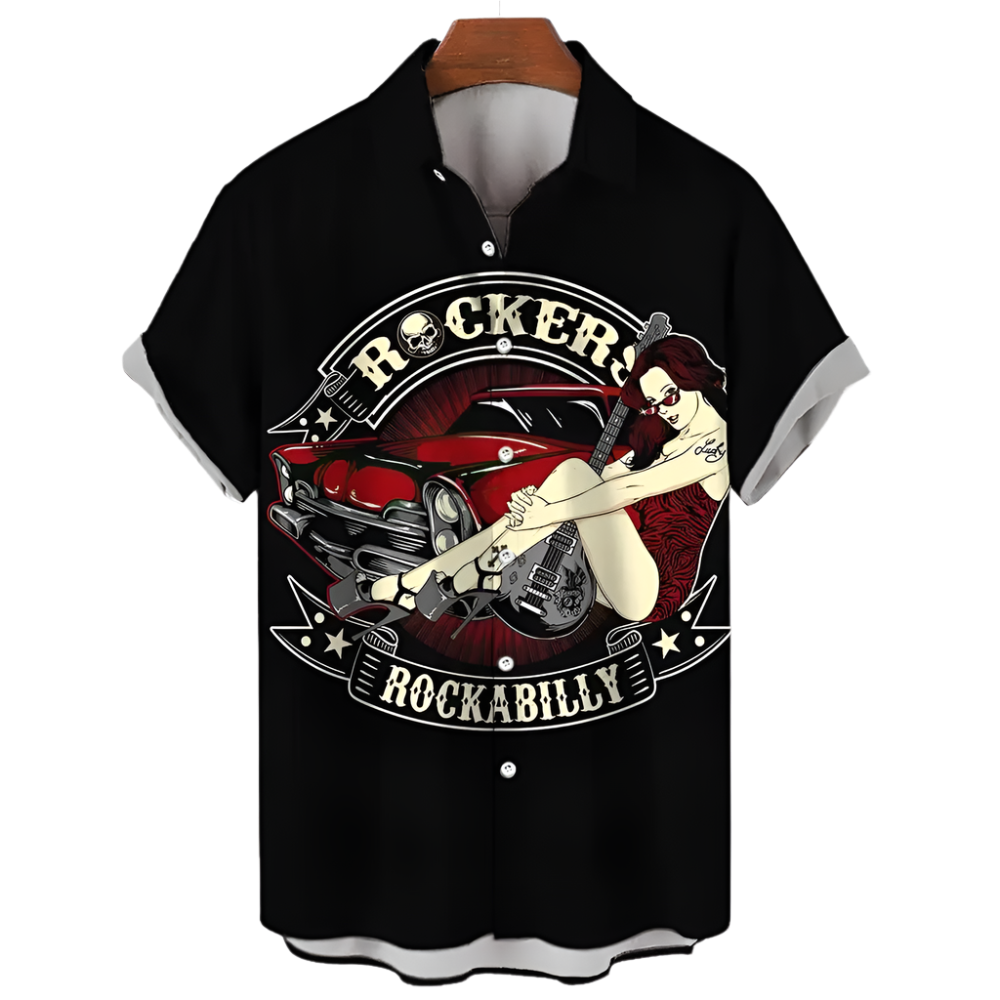 Black shirt with a graphic design of a woman playing guitar and text 'Rockabilly' on a white background.