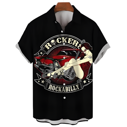 Black shirt with a graphic design of a woman playing guitar and text 'Rockabilly' on a white background.