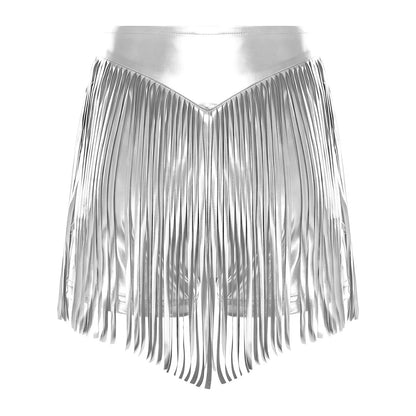 Women Iridescent Metallic Hot Pants with Fringed High Waist Tassel Skirted Shorts Cheeky Shorts Stage Dance Jazz Rock Clubwear