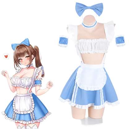 Traditional French maid costume dress in light blue and white, featuring a ruffled white apron, short puff sleeves with blue cuffs, and a fitted bodice with white trim. The dress includes a classic full skirt design with white ruffled details.