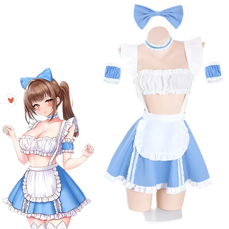 Traditional French maid costume dress in light blue and white, featuring a ruffled white apron, short puff sleeves with blue cuffs, and a fitted bodice with white trim. The dress includes a classic full skirt design with white ruffled details.