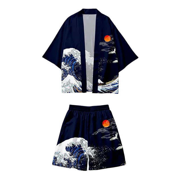 Navy blue kimono-style outfit with wave and moon design on a white background