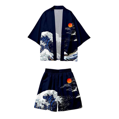 Navy blue kimono-style outfit with wave and moon design on a white background