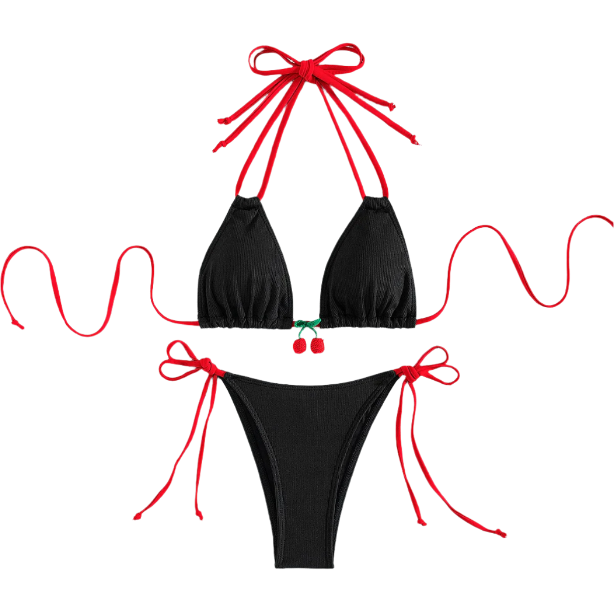 A black bikini with red string ties and cherry embellishments on the top. The design is simple yet charming, with a touch of whimsy.
