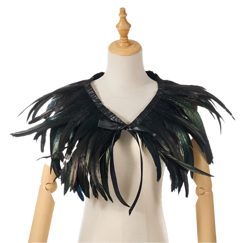  Feather Shoulder Piece: A vibrant feather shoulder piece displayed on a mannequin, with black accents and a striking, textured design.