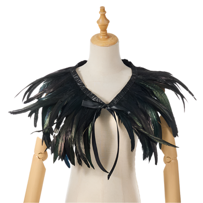  Feather Shoulder Piece: A vibrant feather shoulder piece displayed on a mannequin, with black accents and a striking, textured design.