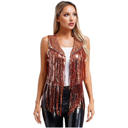 A sleeveless vest with sequins and fringe detailing. The vest is embellished with small studs, adding a touch of sparkle and flair to any outfit.
