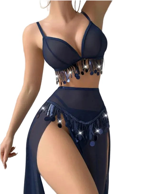 Navy blue fringe bikini set on a neutral background