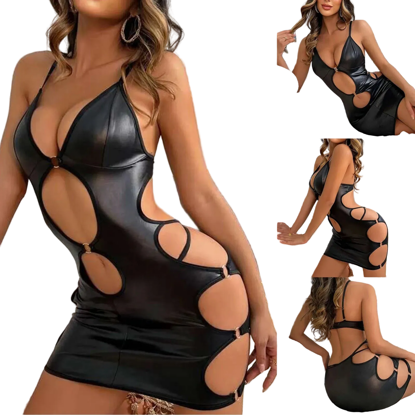 Black leather dress with cut-out design worn by a model in various poses.