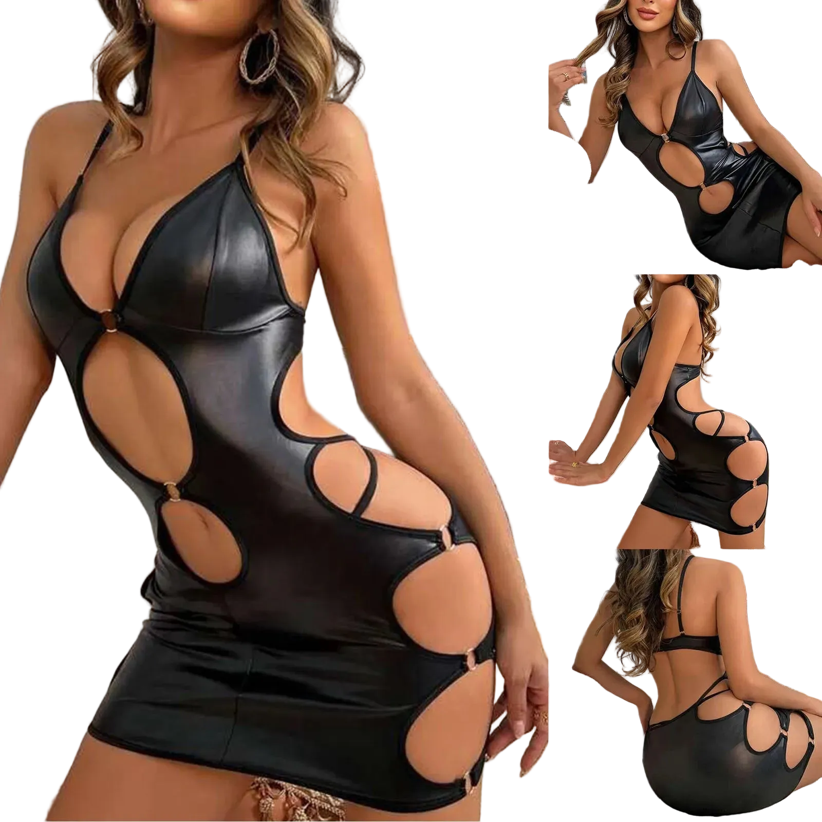 Black leather dress with cut-out design worn by a model in various poses.