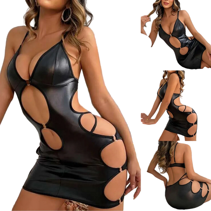 Black leather dress with cut-out design worn by a model in various poses.