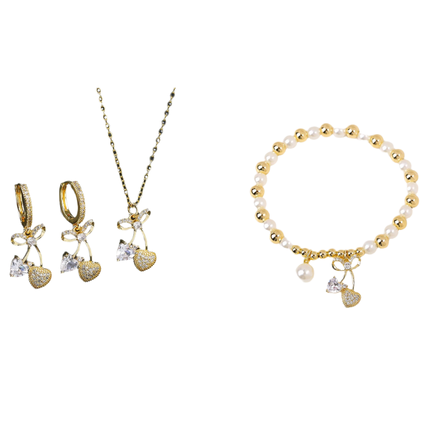 Gold jewelry set with necklace, earrings, and bracelet on a black and white background