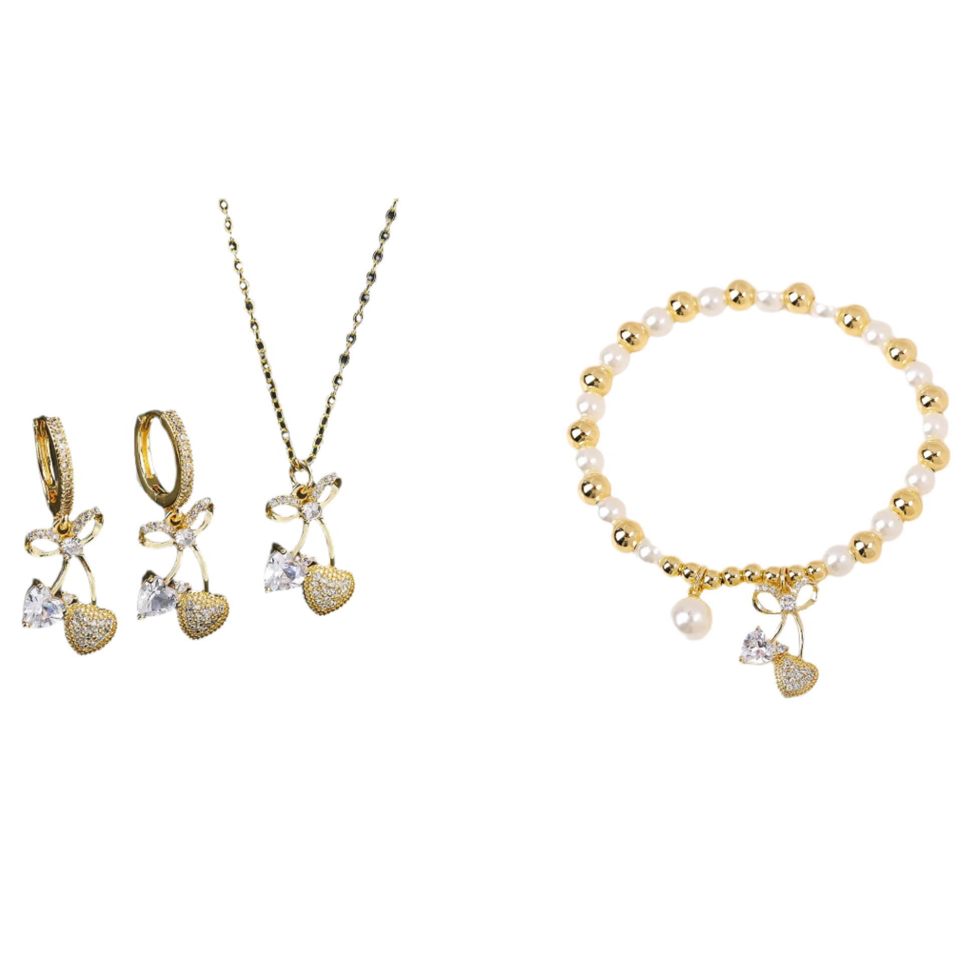 Gold jewelry set with necklace, earrings, and bracelet on a black and white background