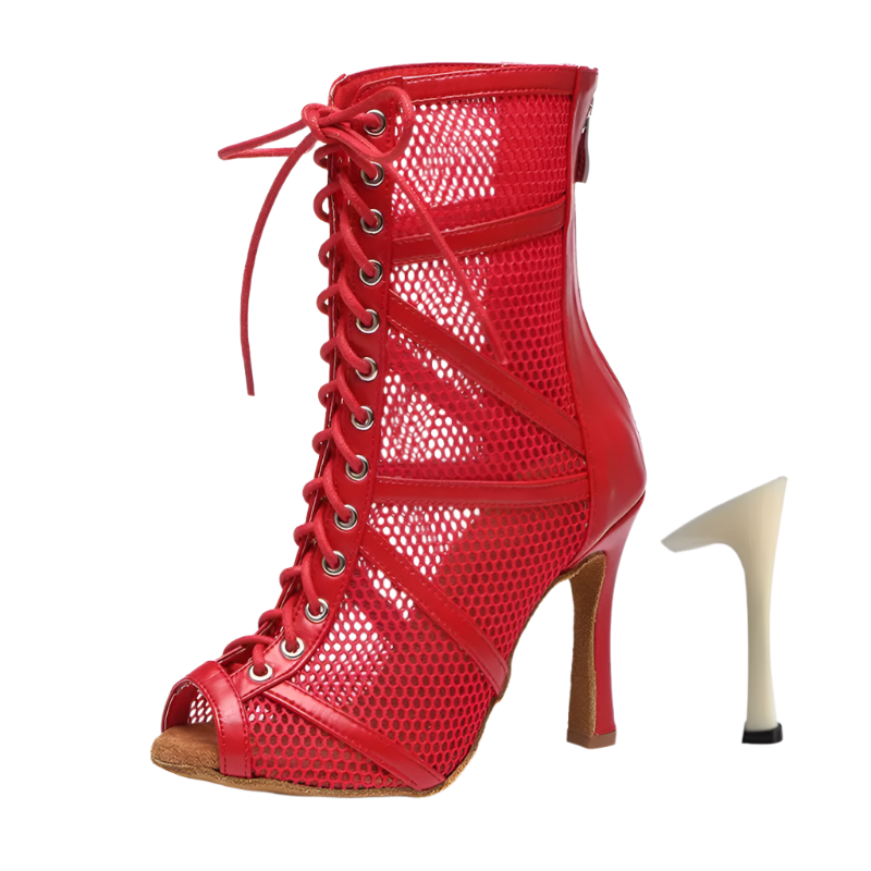 Red mesh ballroom dancing boots with fish mouth design stiletto heels and adjustable instep zip perfect for salsa dance performances and resort entertainment
