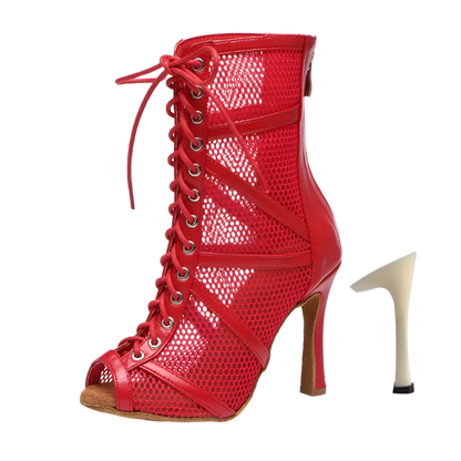 Red mesh ballroom dancing boots with fish mouth design stiletto heels and adjustable instep zip perfect for salsa dance performances and resort entertainment
