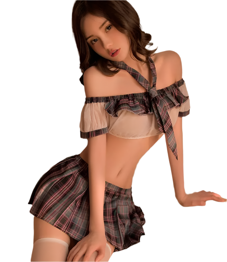 Woman in a plaid outfit sitting on a wooden stool with an open book.