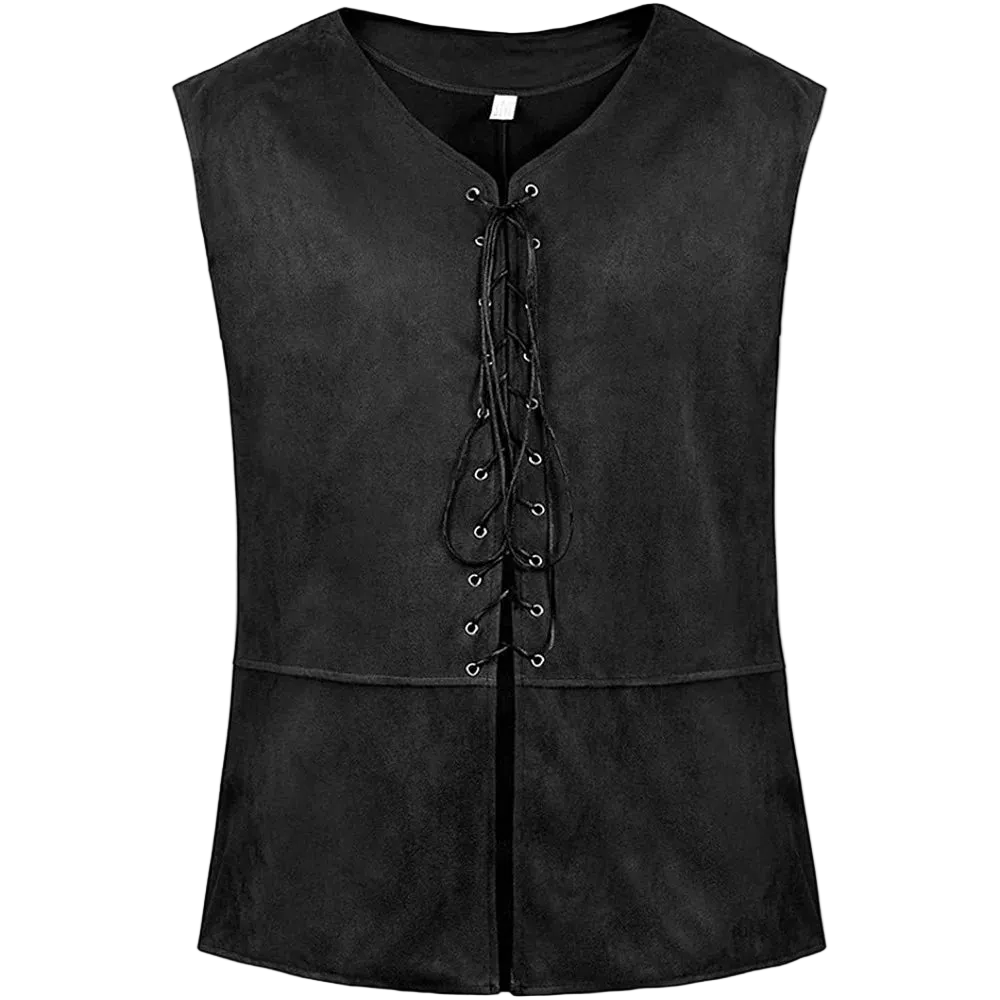 Black leather vest with lace-up front on a white background