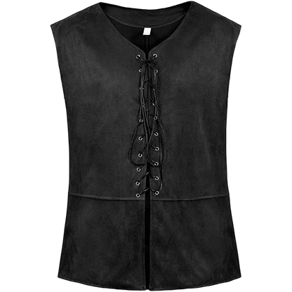 Black leather vest with lace-up front on a white background
