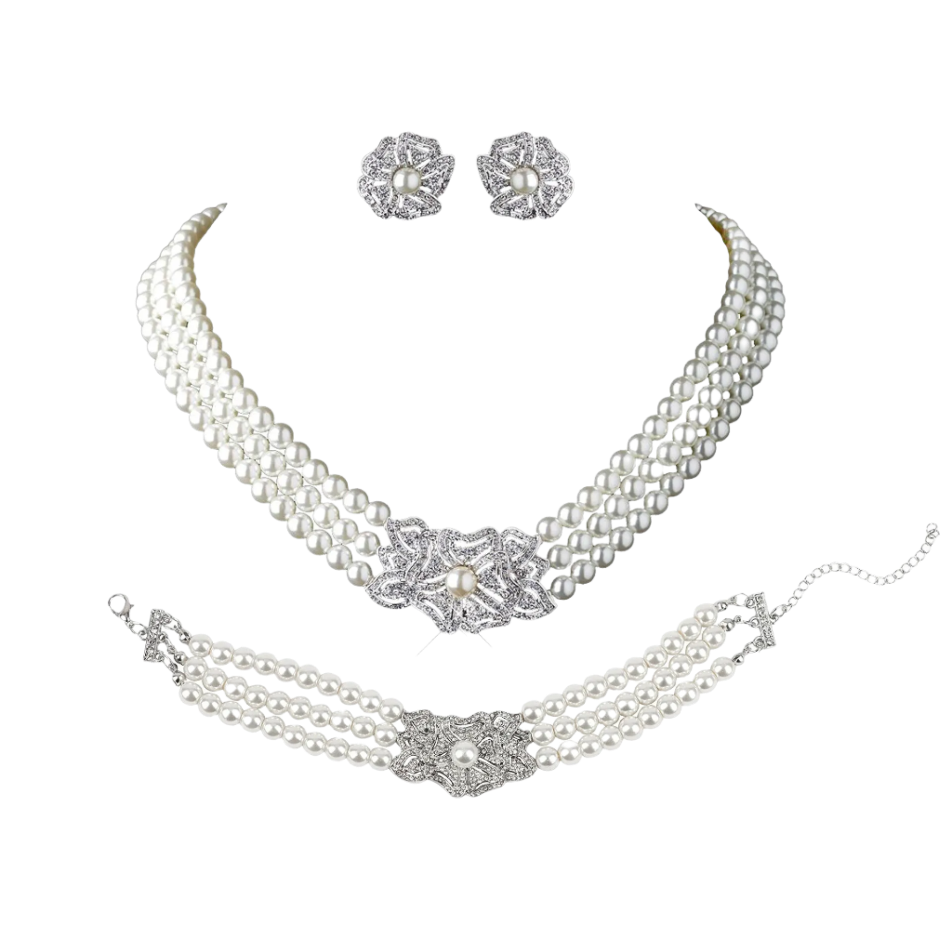 Complete Audrey Hepburn inspired accessory set with pearl necklace, earrings, gloves and cigarette holder for resort theme nights

