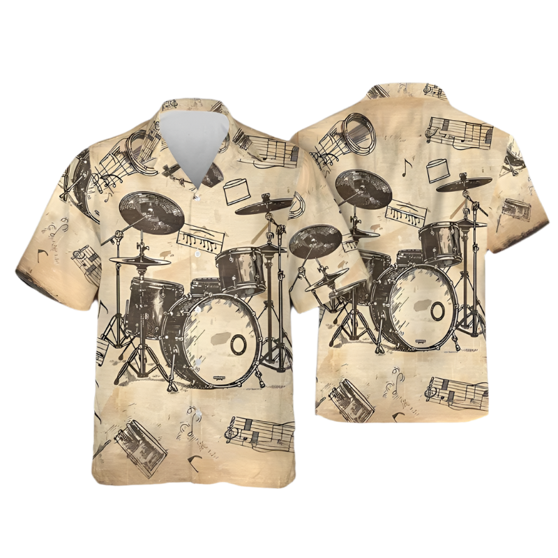 Hawaiian shirt with drum set and music notes design on a blurred background