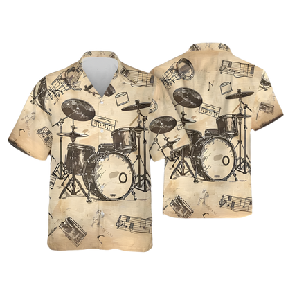 Hawaiian shirt with drum set and music notes design on a blurred background