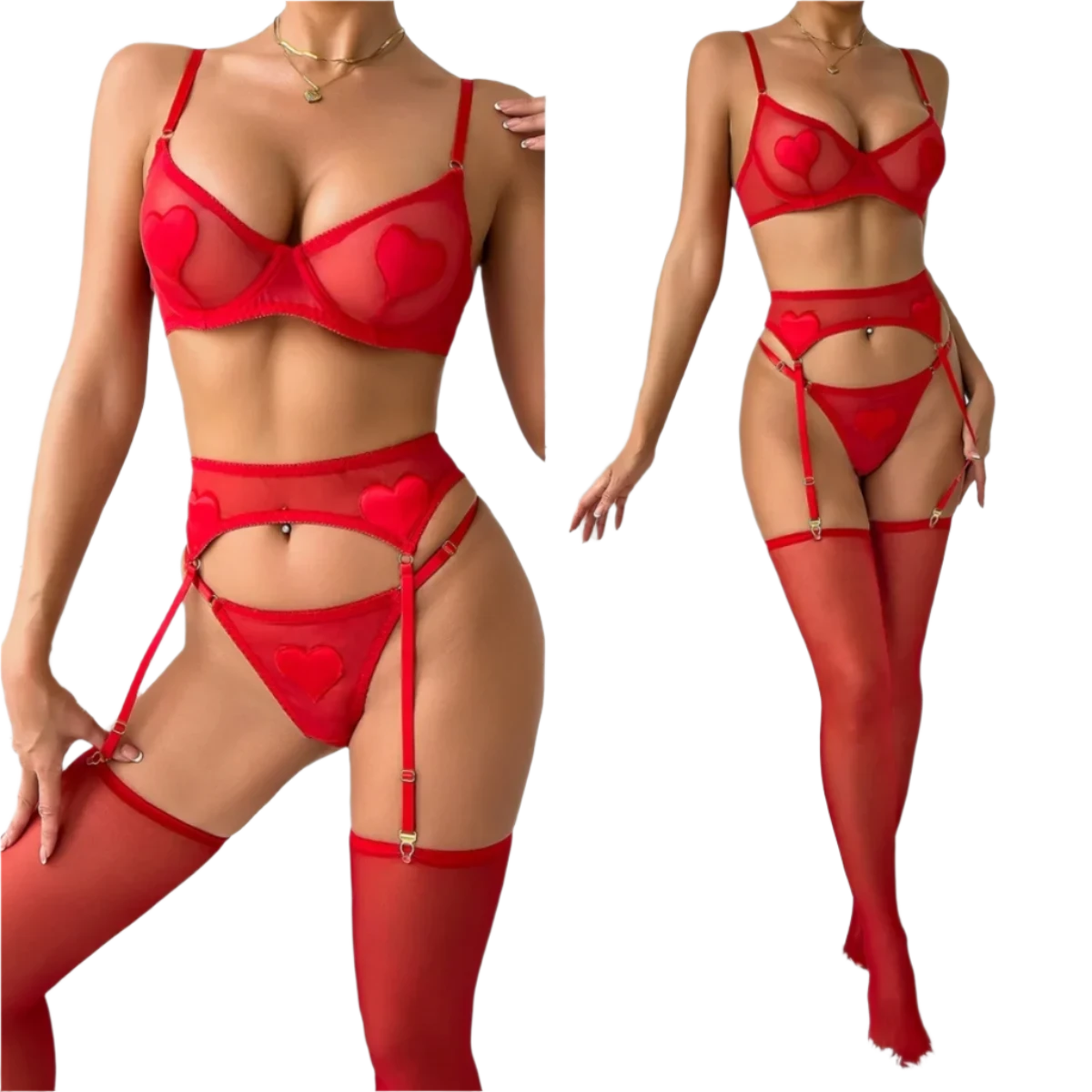 Red Heart Patchwork Lingerie 4Pcs Set