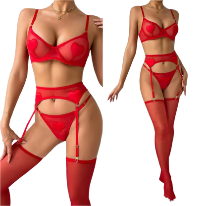 Red Heart Patchwork Lingerie 4Pcs Set