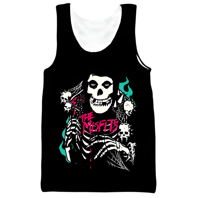 Black tank top with a skeleton design and 'The Misfits' text on a white background