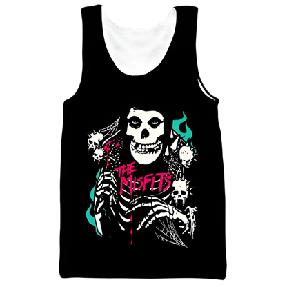 Black tank top with a skeleton design and 'The Misfits' text on a white background