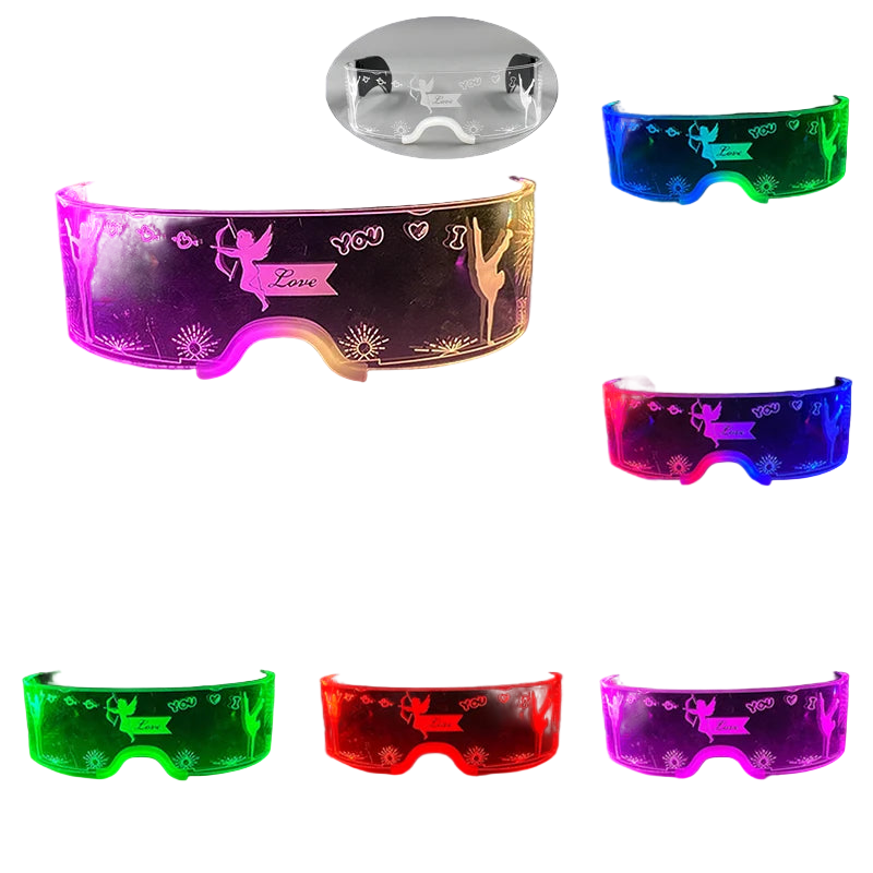 Collage of LED colorful glasses in various colors on a dark background.