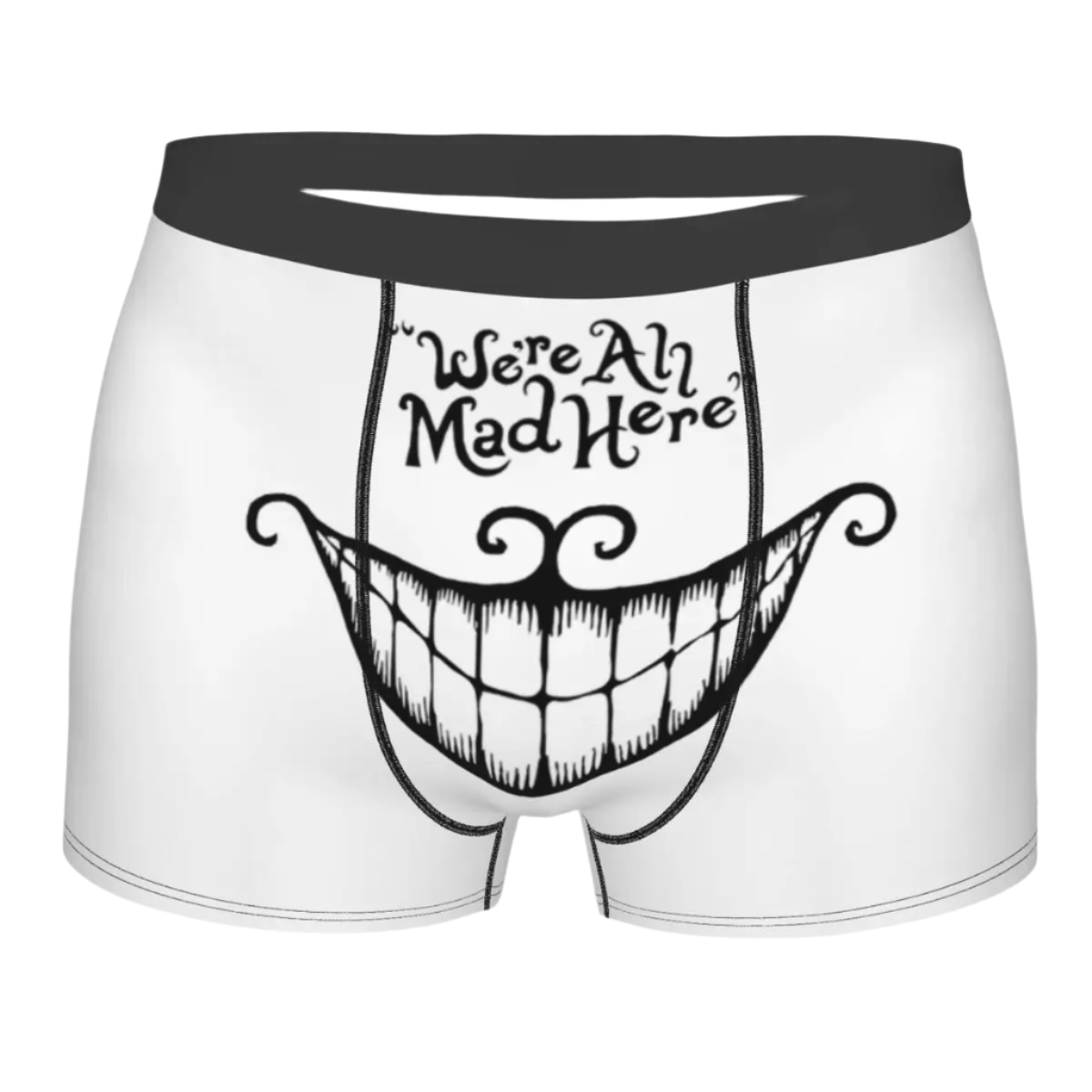 boxer shorts featuring the Cheshire Cat design from Alice in Wonderland, with glowing turquoise eyes and distinctive grinning teeth illuminated against a dark background.