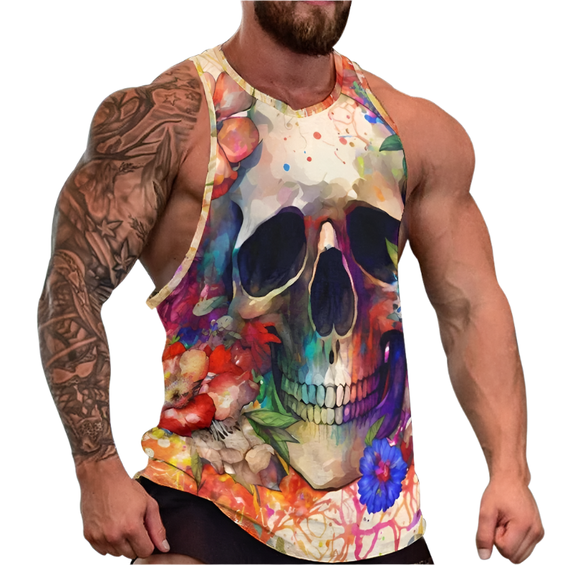 Colorful skull design tank top worn by a person with tattoos on a white background