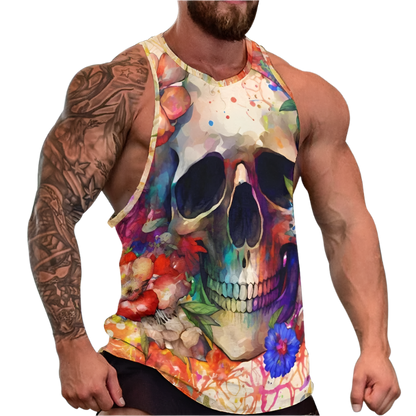 Colorful skull design tank top worn by a person with tattoos on a white background