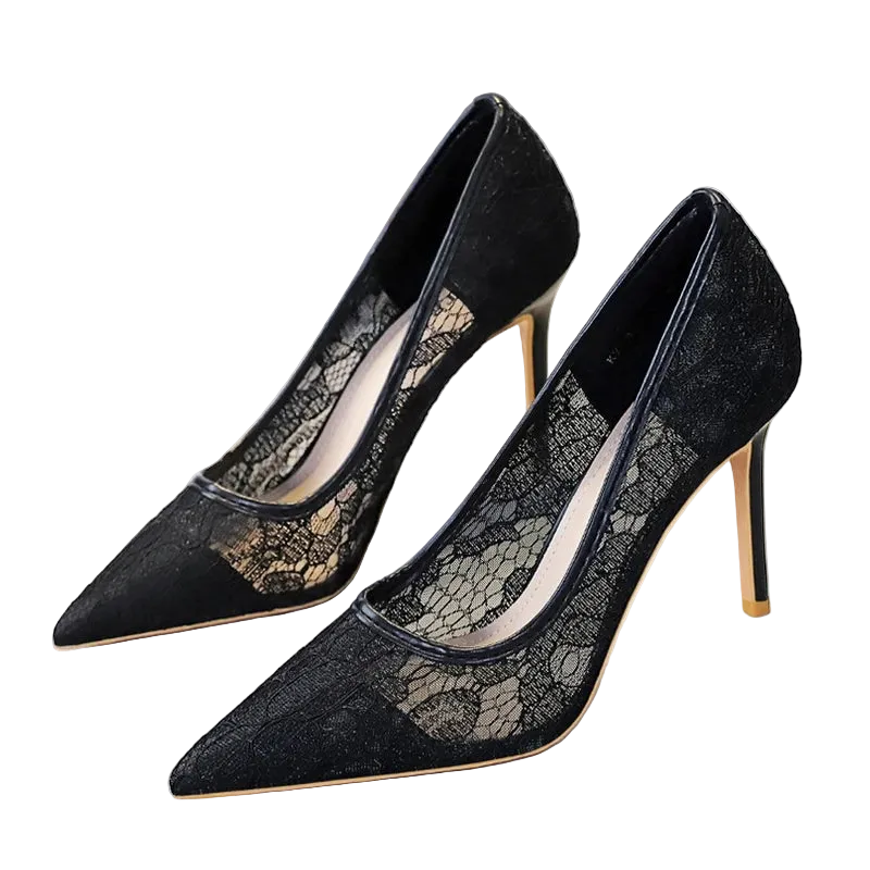 A pair of Voesness pointed-toe high heels with black lace and mesh uppers, black trim, and slim tan stiletto heels, 