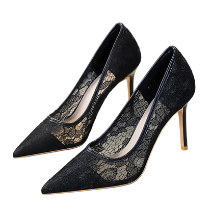 A pair of Voesness pointed-toe high heels with black lace and mesh uppers, black trim, and slim tan stiletto heels, 