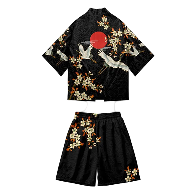 Black traditional outfit with floral and crane designs on a white background