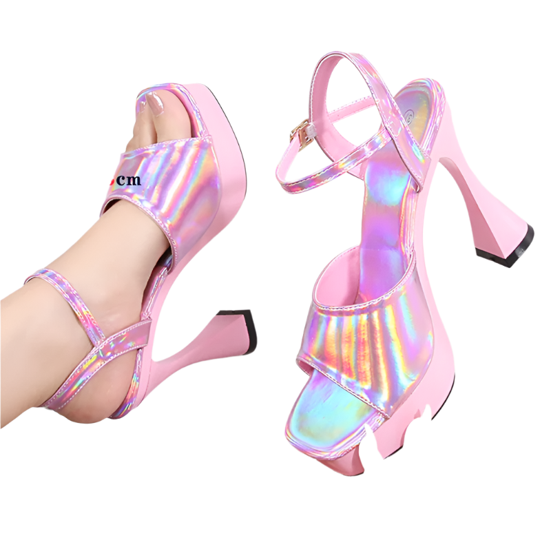 Pink iridescent high-heeled sandals with platform on a white background