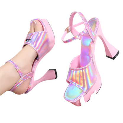 Pink iridescent high-heeled sandals with platform on a white background