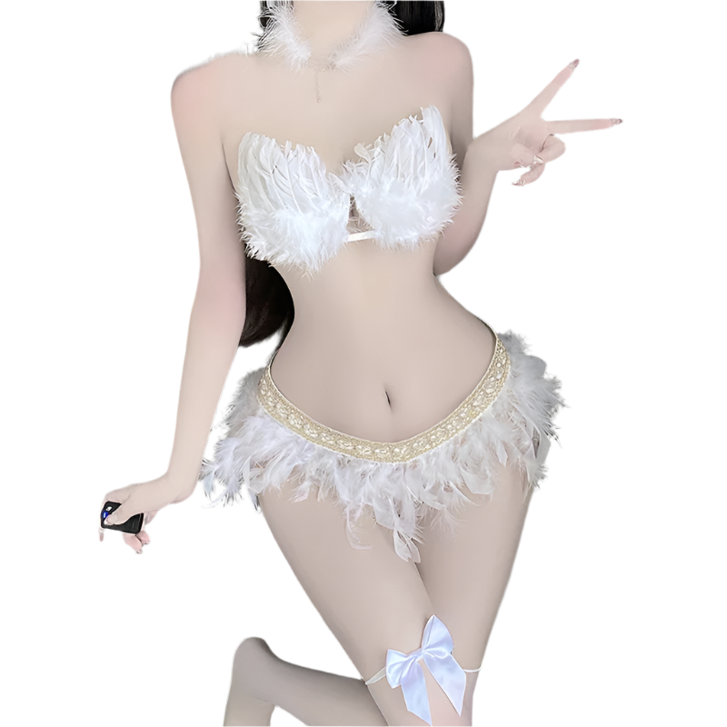 White Feathered Angel Wing Bra Set - Fantasy Theme Night Costume with Wings