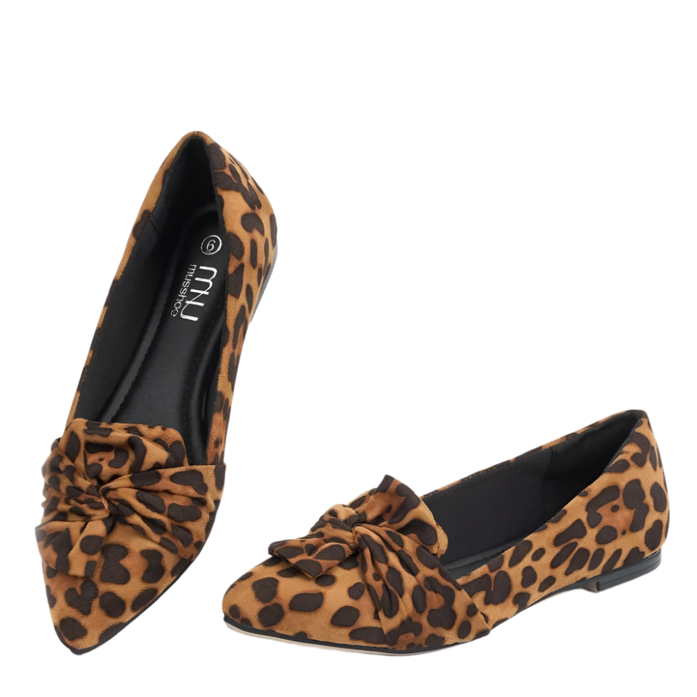 Elegant leopard print flat loafers with decorative butterfly bow and pointed toe design for comfortable resort wear

