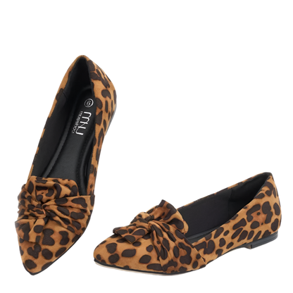 Elegant leopard print flat loafers with decorative butterfly bow and pointed toe design for comfortable resort wear

