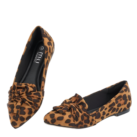 Elegant leopard print flat loafers with decorative butterfly bow and pointed toe design for comfortable resort wear

