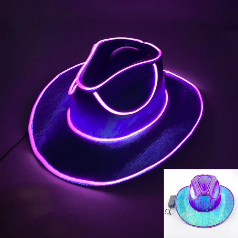 Neon glowing hat with a small inset showing a USB cable connection.