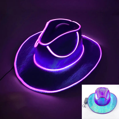 Neon glowing hat with a small inset showing a USB cable connection.